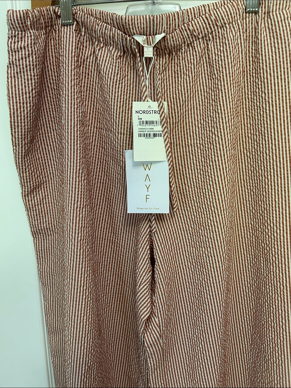 WAYF Rust and White Striped Wide-Leg Seersucker Pants with Drawstring Waist